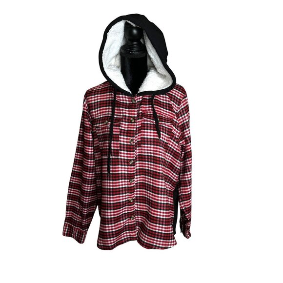 Jolie & Joy Hoodie Shacket Size X-Large Plaid Jacket Light Button Up  Layering - Picture 1 of 13